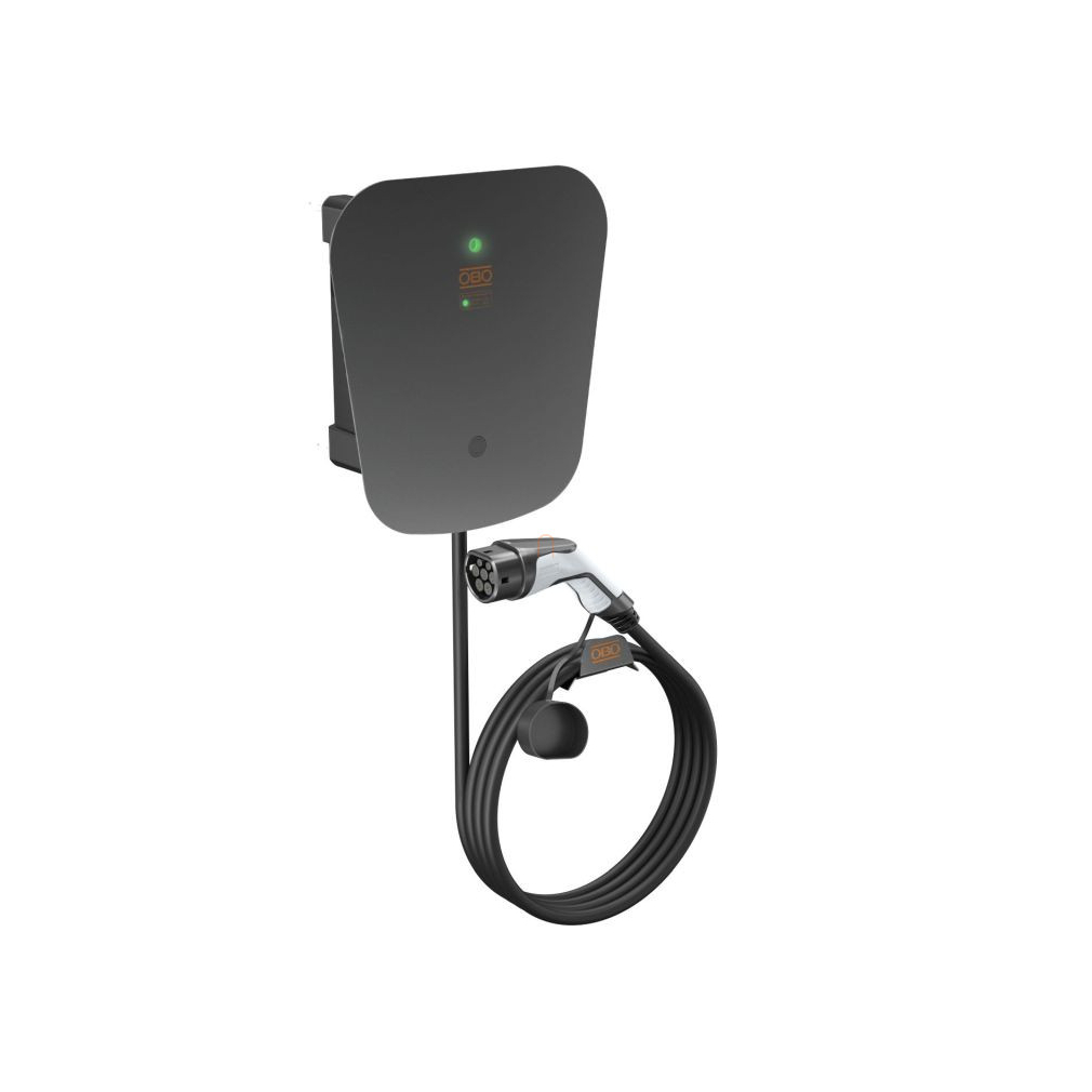 Fali elektromos autótöltő OBO WB AC BL SPD 1xT2 csatlakozó kábellel, 22 kW, 3 fázisú, nyomógombos, túlfeszültség-védelemmel, IP66 6570024