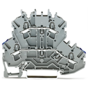 Wago 2002-2202 kétemeletes átmenő/átmenő sorkapocs, N/L, jelölőtartó nélkül, kék alsó vezetékbemenet, 2,5 mm², Push-in CAGE CLAMP®, Ex e II, DIN 35 x 15 és 35 x 7,5 sínhez, szürke
