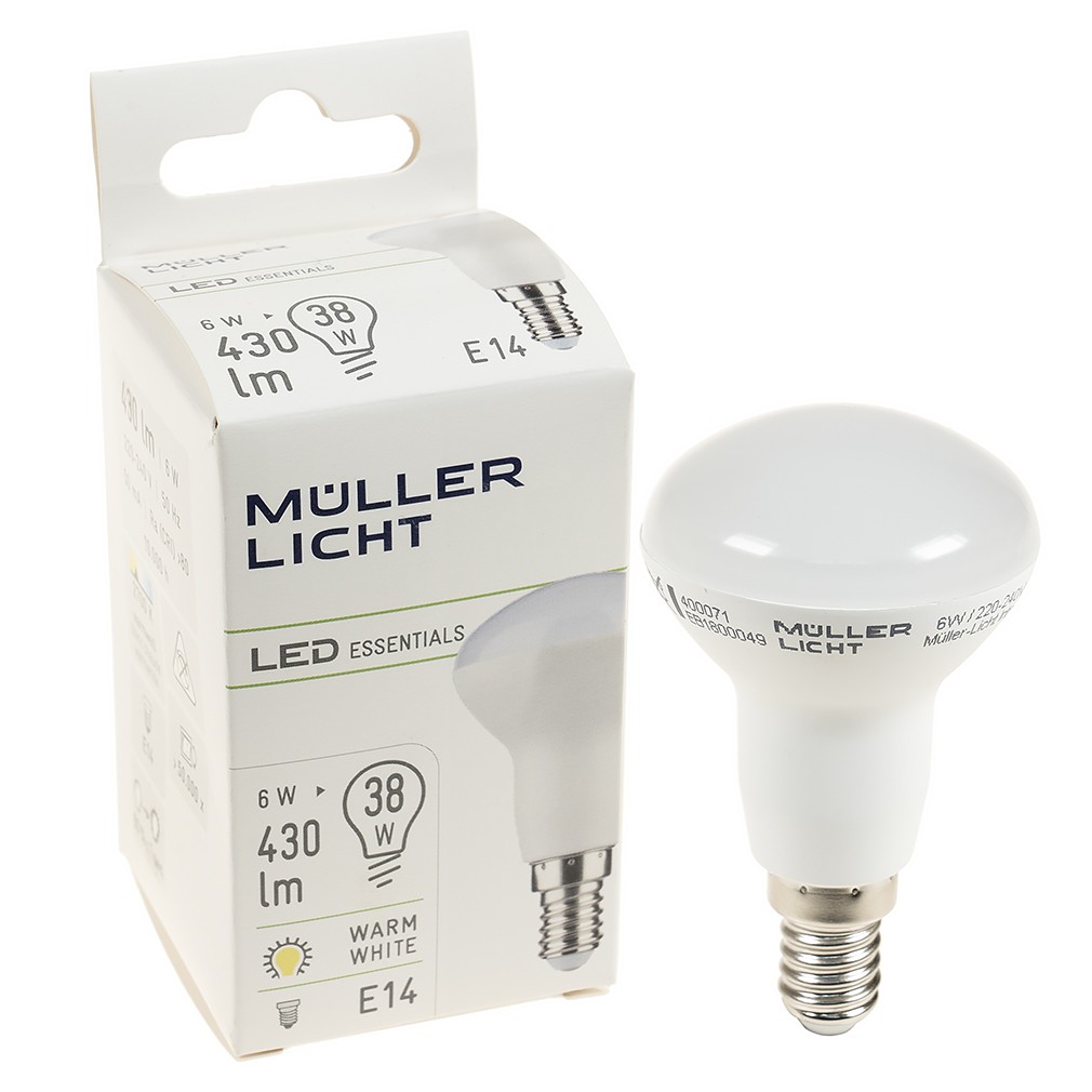 - 430lm Müller 6W E14 Lumenet melegfehér izzó helyett 40W Reflektor Licht - R50 LED