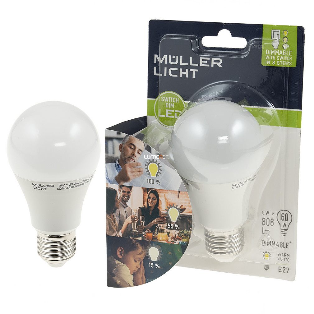 Müller Licht Switch DIM LED 9W 806lm E27 melegfehér, kapcsolóval szabályozható