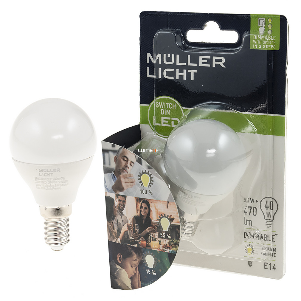 Müller Licht Switch DIM kisgömb LED 5,5W 470lm E14 melegfehér, kapcsolóval szabályozható