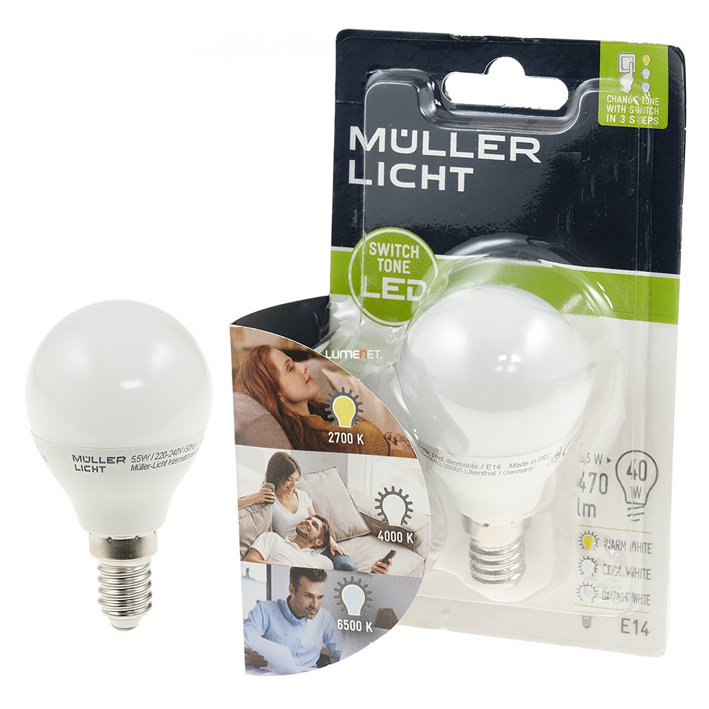 Müller Licht Switch Tone kisgömb LED 5,5W 470lm E14 melegfehér/hidegfehér, kapcsolóval változtatható