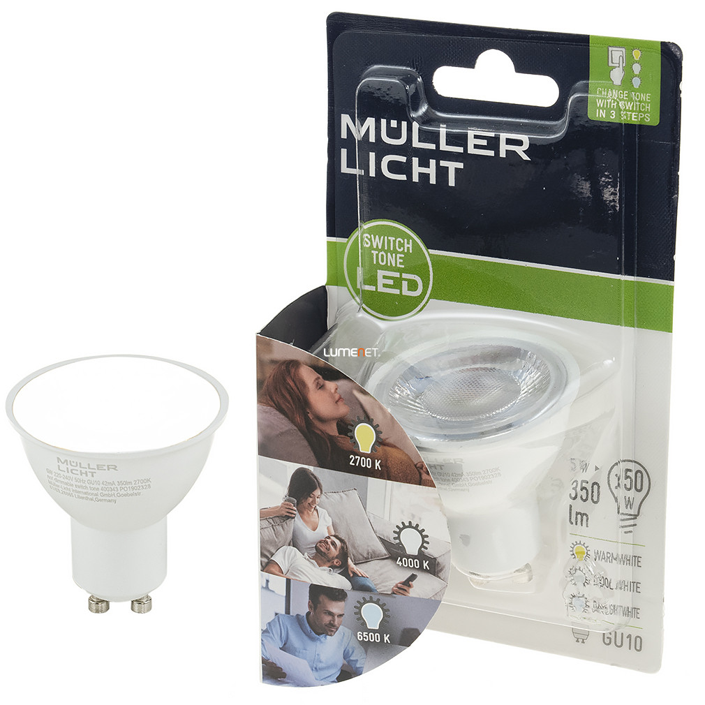 Müller Licht Switch Tone GU10 LED 5W 350lm melegfehér/hidegfehér,kapcsolóval változtatható