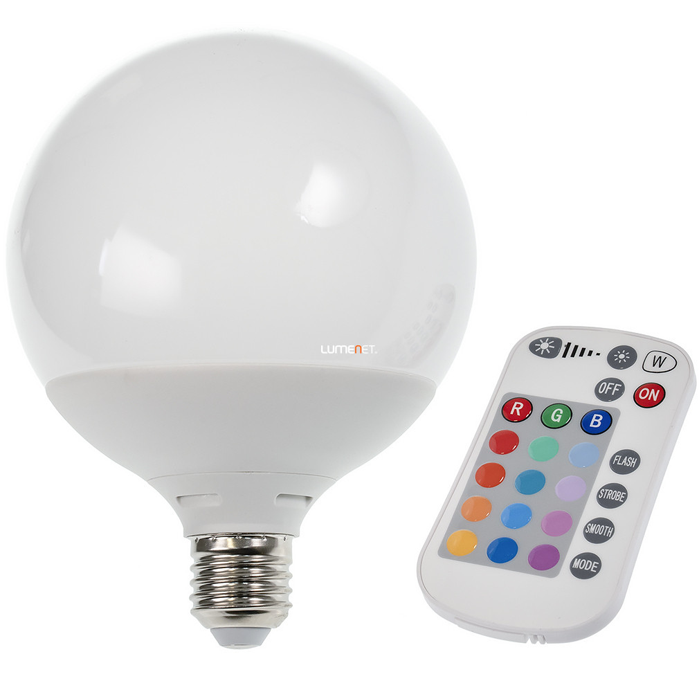 Távirányítós színes E27 LED 10W (Globe)