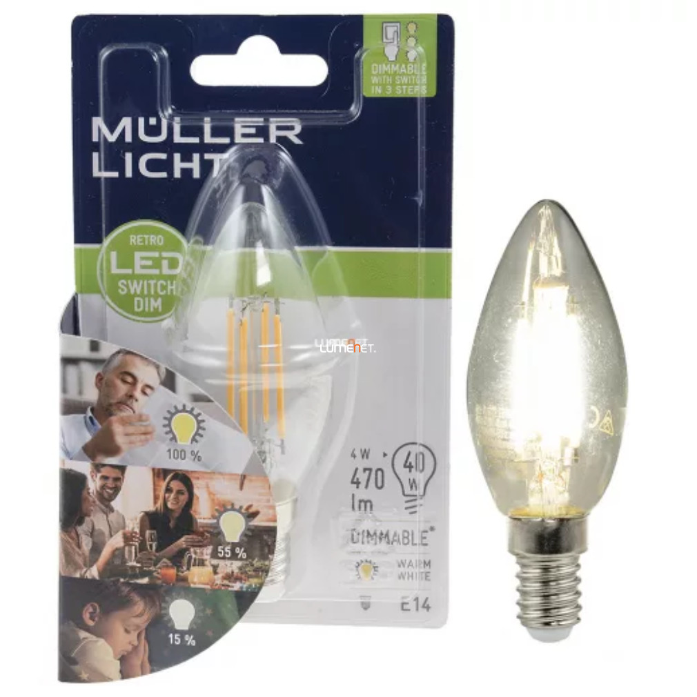 Bontott csomagolású Müller Licht Switch DIM filament gyertya LED 5,5W 470lm E14 melegfehér, kapcsolóval szabályozható