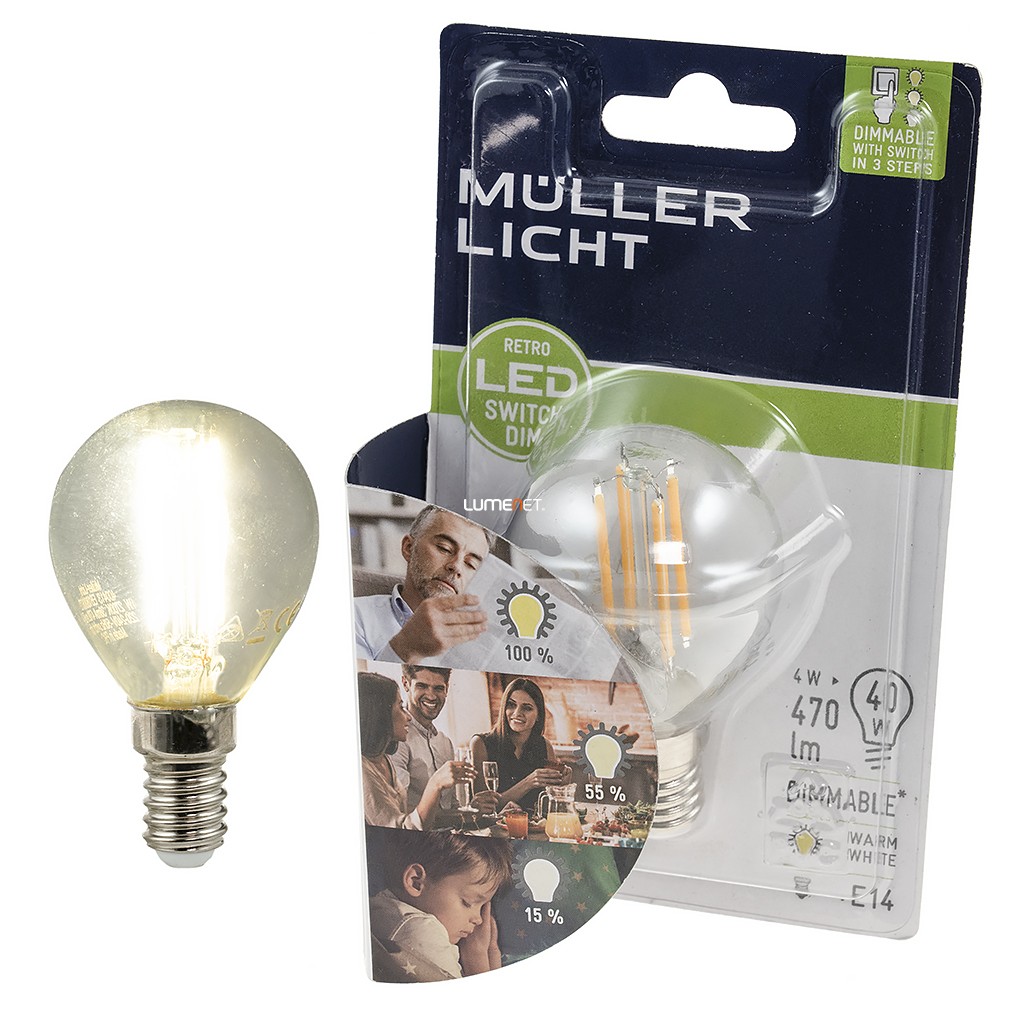 Müller Licht Switch DIM filament kisgömb LED 4W 470lm E14 melegfehér, kapcsolóval szabályozható