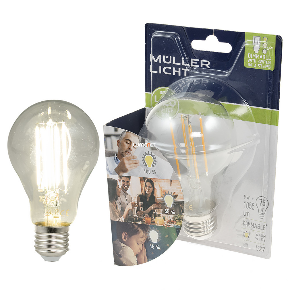 Müller Licht Switch DIM filament LED 8W 1055lm E27 melegfehér,kapcsolóval szabályozható