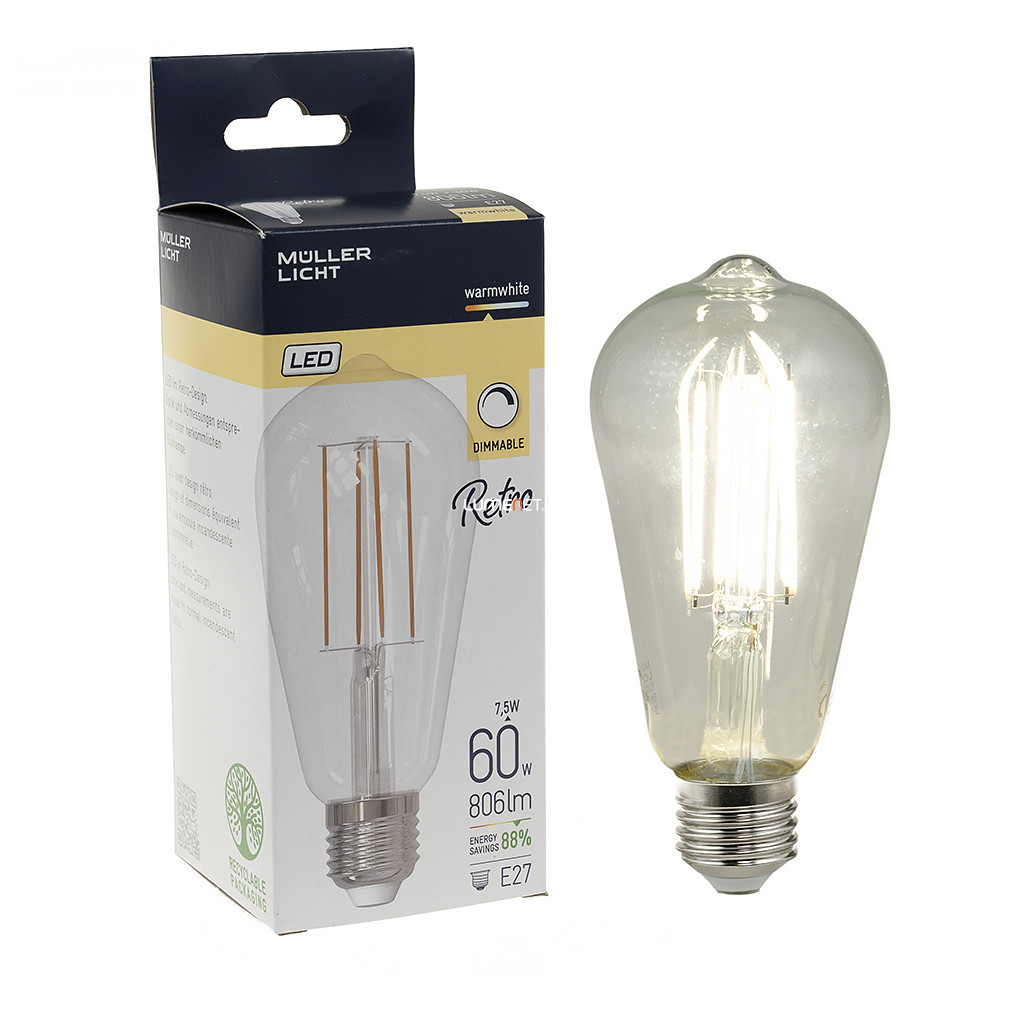 Müller Licht Edison filament LED 7,5W 806lm E27 melegfehér, szabályozható - 60W izzó helyett