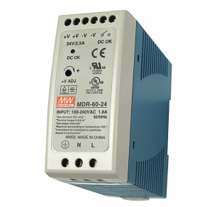   Mini kapcsolóüzemű tápegység, DIN sínre Vin: 85-264 VAC/120-370 VDC, Vout: 24 VDC (0-2,5A), P: 60 W Mean Well MDR-60-24