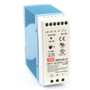   Mini kapcsolóüzemű tápegység, DIN sínre Vin: 85-264 VAC/120-370 VDC, Vout: 12 VDC (0-5A), P: 60 W Mean Well  MDR-60-12