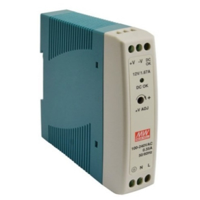   Mini kapcsolóüzemű tápegység, DIN sínre Vin: 85-264 VAC/120-370 VDC, Vout: 12 VDC (0-1,67A), P: 20 W Mean Well MDR-20-12