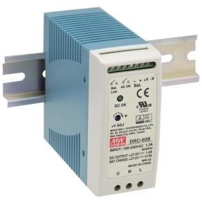   Kétkimenetes sínre pattintható tápegység és akkumulátor töltő, Mean Well, DRC-60B