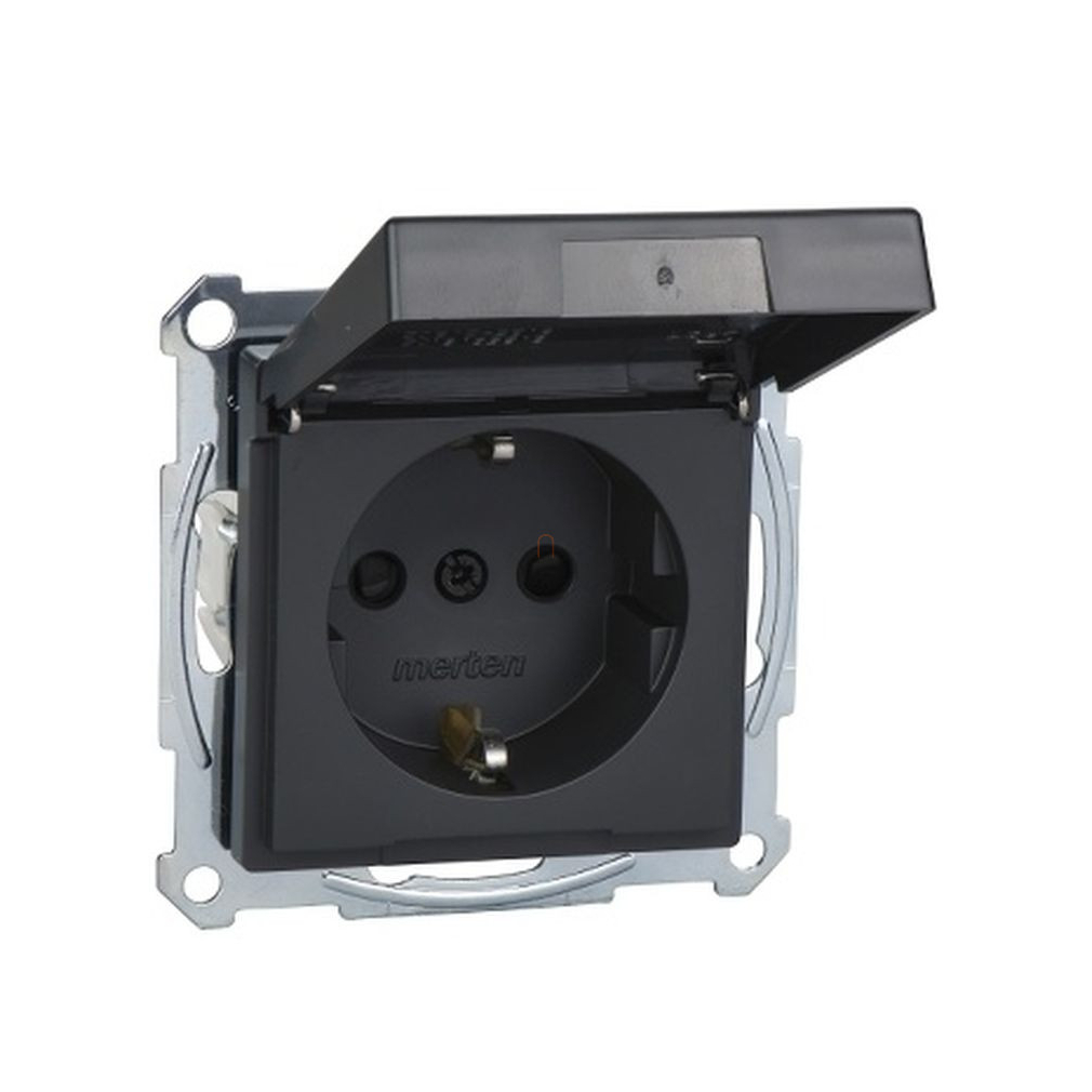 Merten 2P+F csatlakozóaljzat, biztonsági zsaluval, csapófedéllel, rugós, 16A, IP44, System-M, antracit MEG2314-0414