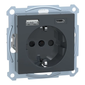   Schneider Merten 2P+F aljzat, biztonsági zsaluval, A+C USB töltővel, rugós, 16A / 3A, System-M, antracit MEG2367-0414