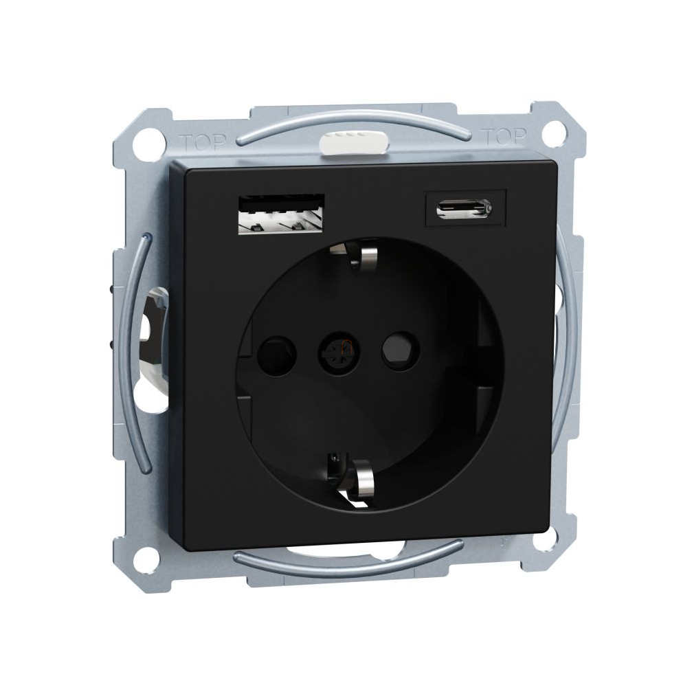 Merten 2P+F aljzat, biztonsági zsaluval, A+C USB töltővel, rugós, 16A / 3A, System-M, fekete MEG2367-0403 Schneider