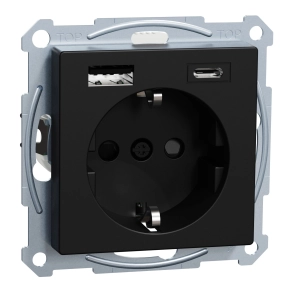 Schneider Electric Merten System-M - MEG2367-0403 - 2P+F csatlakozóaljzat, biztonsági zsaluval, A+C USB töltővel, rugós, 16A / 3A, fekete