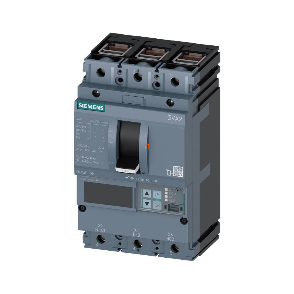 Siemens 3VA2163-5MQ36-0AA0 kompakt megszakító 3P 63A 55kA, ETU860M LSIG, motorvédelem, szorító kengyeles