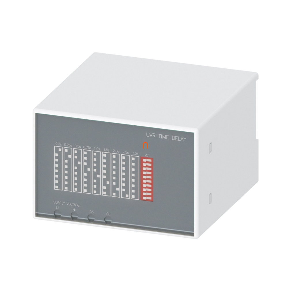 Siemens 3VW9011-0AE13 külső, sínre szerelhető késleltető időzítő feszültségcsökkenési kioldóhoz (UVR), 0,5-3s, 220-250VAC/DC, 3WL10/3VA27