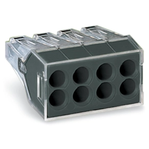 Wago 773-108 PUSH WIRE® kötődoboz-csatlakozó, 8 tömör vagy sodrott vezetékhez, max. 2,5 mm², 400 V, 24 A, átlátszó ház, sötétszürke fedél, max. 60 °C