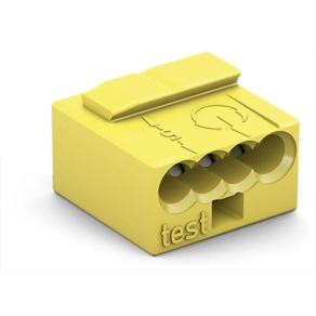 Wago 243-504 MICRO PUSH WIRE® vezetékösszekötő, 4 vezetékhez, tömör vezetőknek, max. 0,8 mm átmérő, világosszürke fedél, max. 60 °C, sárga