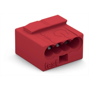 Wago 243-804 MICRO PUSH WIRE® vezetékösszekötő, 4 vezetékhez, tömör vezetőknek, max. 0,8 mm átmérő, világosszürke fedél, max. 60 °C, piros