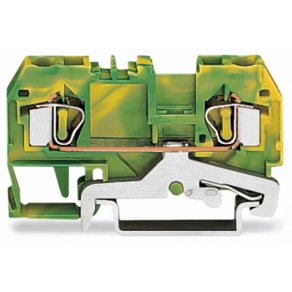 Wago 281-907 földelősorkapocs, 2 vezetékes, 4 mm², CAGE CLAMP®, DIN 35 × 15 és 35 × 7,5 sínhez, középső jelölés, zöld-sárga