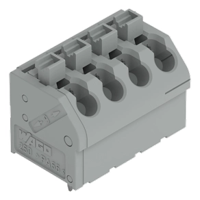 Wago 250-504 NYÁK-sorkapocs, nyomógombos, 1,5 mm², 5 mm lábtávolság, 4 pólusú, Push-in CAGE CLAMP®, 45°-os vezetőbevezetés, THT, szürke