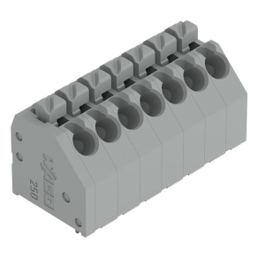 Wago 250-107 NYÁK-sorkapocs, nyomógombos, 1,5 mm², 3,5 mm lábtávolság, 7 pólusú, Push-in CAGE CLAMP®, 45°-os vezetőbevezetés, THT, szürke