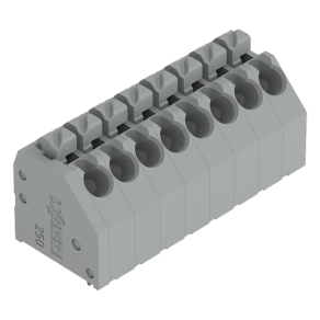 Wago 250-108 NYÁK-sorkapocs, nyomógombos, 1,5 mm², 3,5 mm lábtávolság, 8 pólusú, Push-in CAGE CLAMP®, 45°-os vezetőbevezetés, THT, szürke
