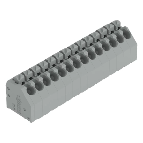 Wago 250-114 NYÁK-sorkapocs, nyomógombos, 1,5 mm², 3,5 mm lábtávolság, 14 pólusú, Push-in CAGE CLAMP®, 0,4 × 0,75 mm forrasztóláb, THT, szürke