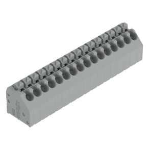 Wago 250-216 NYÁK-sorkapocs, nyomógombos, 1,5 mm², 3,5 mm lábtávolság, 16 pólusú, Push-in CAGE CLAMP®, 45°-os vezetőbevezetés, THT, szürke