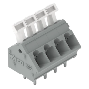 Wago 256-402 NYÁK-sorkapocs, nyomógombos, 2,5 mm², 5/5,08 mm lábtávolság, 2 pólusú, CAGE CLAMP®, közösíthető, 0,7 × 0,7 mm forrasztóláb, THT, szürke