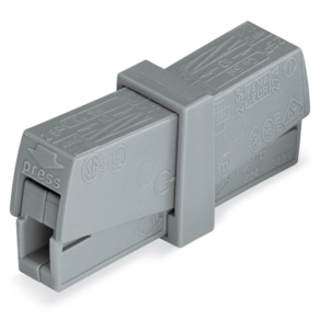 Wago 224-201 világítási szervizcsatlakozó, nyomógombbal mindkét oldalon, max. 2,5 mm², 400 V, 24 A, max. 60 °C környezeti hőmérséklet, szürke
