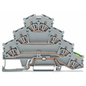 Wago 281-530 négyemeletes motorbekötő földelő/átmenő sorkapocs, 7 vezetékcsatlakozás, 2,5 mm², L1/L2/L3/PE, DIN 35 × 15 és 35 × 7,5 sínhez, CAGE CLAMP®, szürke