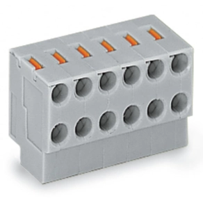 Wago 252-152 dugaszolható NYÁK-anyacsatlakozó forrasztólábsorhoz, 2 pólusú, 4 vezetékcsatlakozás, nyomógombos, PUSH WIRE®, max. 0,8 mm átmérő, 3,5 mm lábtávolság, szürke