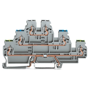 Wago 870-567 háromemeletes földelő/átmenő/átmenő sorkapocs, PE/N/L, 2,5 mm², CAGE CLAMP®, jelölőtartó nélkül, DIN 35 sínhez, szürke