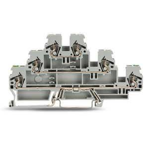 Wago 870-577 háromemeletes földelő/átmenő/átmenő sorkapocs, PE/L/L, 2,5 mm², CAGE CLAMP®, jelölőtartó nélkül, DIN 35 sínhez, szürke