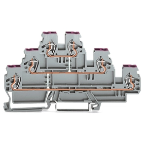 Wago 870-556 háromemeletes átmenő sorkapocs, 6 vezetékes, L, 2,5 mm², CAGE CLAMP®, belső közösítés, ibolya vezetőbemeneti jelölés, DIN 35 sínhez, szürke
