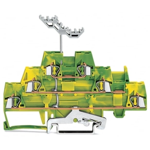 Wago 280-597 háromemeletes földelősorkapocs, 6 vezetékes, 2,5 mm², CAGE CLAMP®, jelölőtartóval, belső közösítés, DIN 35 sínhez, zöld-sárga