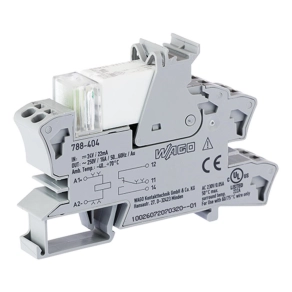 Wago 788-404 relémodul aranyozott érintkezőkkel, 24 V DC, 1 váltóérintkező, 16 A tartós határáram, piros állapotjelzés, 15 mm széles, 2,5 mm², szürke