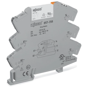 Wago 857-358 relémodul, 230 V AC/DC, 1 váltóérintkező, 6 A tartós határáram, sárga állapotjelzés, 6 mm széles, szürke