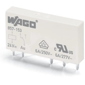 Wago 857-153 alaprelé aranyozott érintkezőkkel, 24 V DC, 1 váltóérintkező, 6 A tartós határáram, 5 mm széles, 15 mm magas