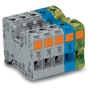 Wago 285-139 háromfázisú nagyáramú sorkapocskészlet, 35 mm², POWER CAGE CLAMP, kizárólag DIN 35 × 15 rézsínhez, szürke/kék/zöld-sárga