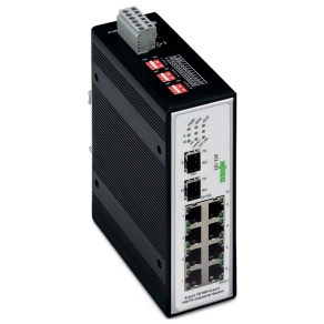 Wago 852-103 ipari Ethernet switch, 8 port 10/100Base-TX, 2 SFP-hely 100Base-FX, redundáns 9–48 V DC tápellátás, fekete