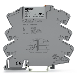 Wago 857-364 relémodul aranyozott érintkezőkkel, 24 V AC/DC, 1 váltóérintkező, 6 A tartós határáram, sárga állapotjelzés, 6 mm széles