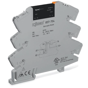 Wago 857-704 szilárdtestrelé-modul, 24 V DC bemenet, 0–48 V DC kimenet, 0,1 A tartós határáram, sárga állapotjelzés, 6 mm széles, szürke