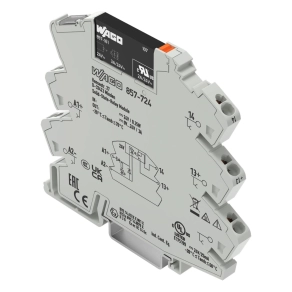 Wago 857-724 szilárdtestrelé-modul, 24 V DC bemenet, 0–24 V DC kimenet, 3 A tartós határáram, 2 vezetékes csatlakozás, sárga állapotjelzés, 6 mm széles, szürke