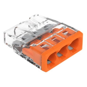 Wago 2273-203 PUSH WIRE® vezetékösszekötő 3 tömör vezetékhez, max. 2,5 mm², átlátszó ház, narancssárga fedél, max. 60 °C (T60)