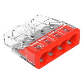 Wago 2273-204 PUSH WIRE® vezetékösszekötő 4 tömör vezetékhez, max. 2,5 mm², átlátszó ház, piros fedél, max. 60 °C (T60)
