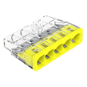 Wago 2273-205 PUSH WIRE® vezetékösszekötő 5 tömör vezetékhez, max. 2,5 mm², átlátszó ház, sárga fedél, max. 60 °C (T60)